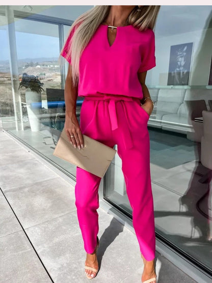 Dames Jumpsuit Korte Mouw met V-hals en Strikceintuur