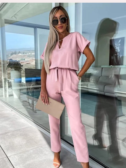 Dames Jumpsuit Korte Mouw met V-hals en Strikceintuur Roze