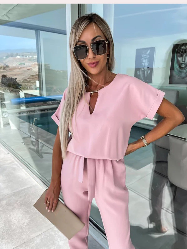 Dames Jumpsuit Korte Mouw met V-hals en Strikceintuur