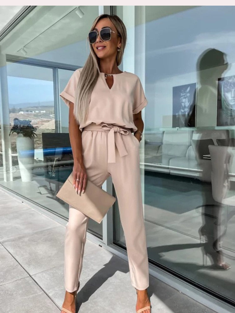 Dames Jumpsuit Korte Mouw met V-hals en Strikceintuur Kaki