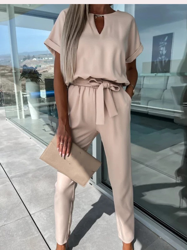 Dames Jumpsuit Korte Mouw met V-hals en Strikceintuur