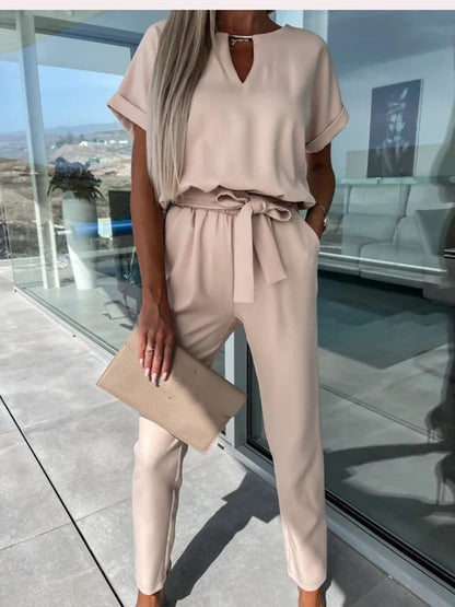 Dames Jumpsuit Korte Mouw met V-hals en Strikceintuur