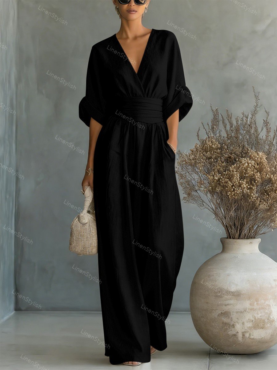 Dames Jumpsuit met Diepe V-hals, Sjerband en Wijde Pijpen