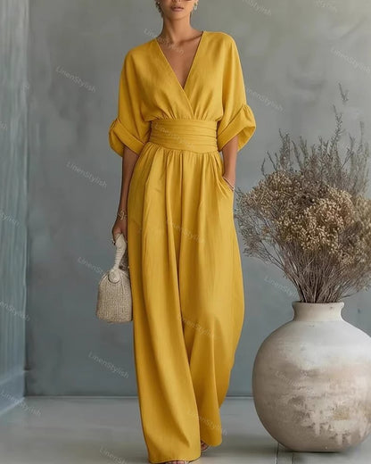 Dames Jumpsuit met Diepe V-hals, Sjerband en Wijde Pijpen