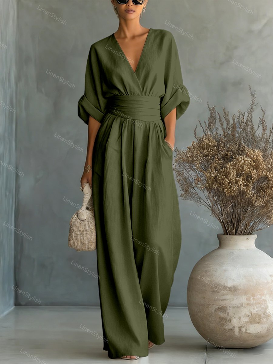 Dames Jumpsuit met Diepe V-hals, Sjerband en Wijde Pijpen