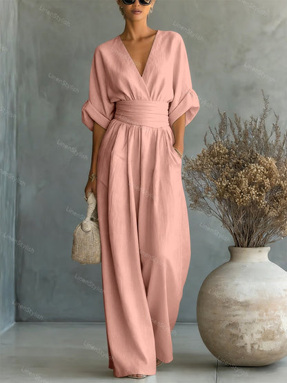 Dames Jumpsuit met Diepe V-hals, Sjerband en Wijde Pijpen