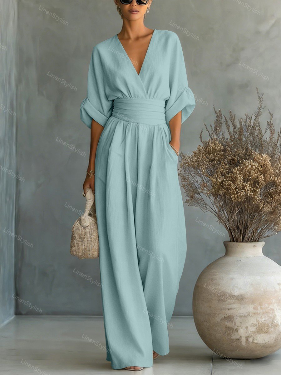 Dames Jumpsuit met Diepe V-hals, Sjerband en Wijde Pijpen