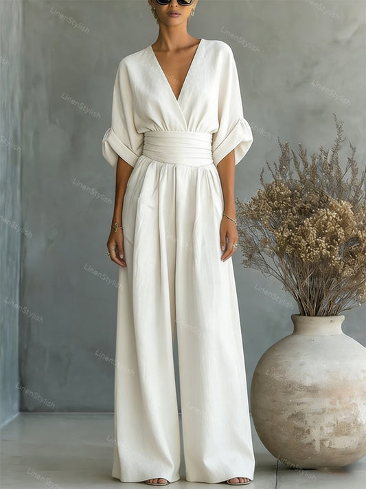 Dames Jumpsuit met Diepe V-hals, Sjerband en Wijde Pijpen