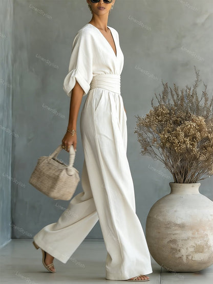 Dames Jumpsuit met Diepe V-hals, Sjerband en Wijde Pijpen