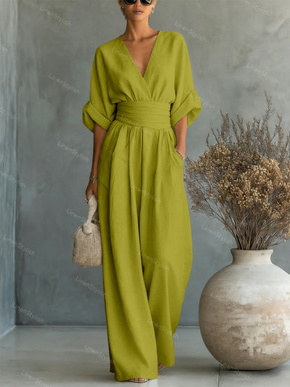 Dames Jumpsuit met Diepe V-hals, Sjerband en Wijde Pijpen