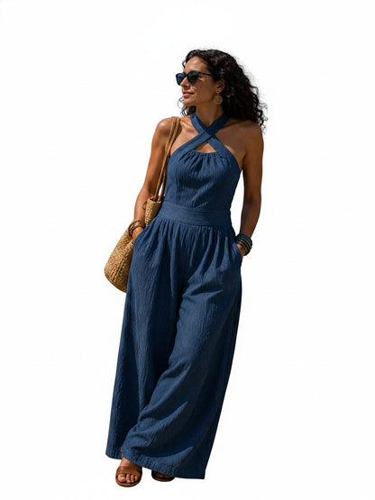 Dames Jumpsuit met Gekruiste Halter en Wijde Pijpen
