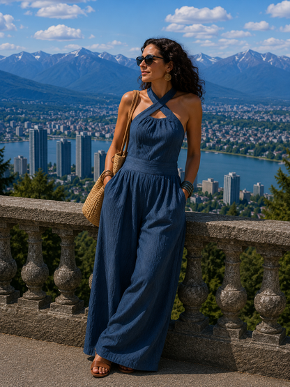Dames Jumpsuit met Gekruiste Halter en Wijde Pijpen