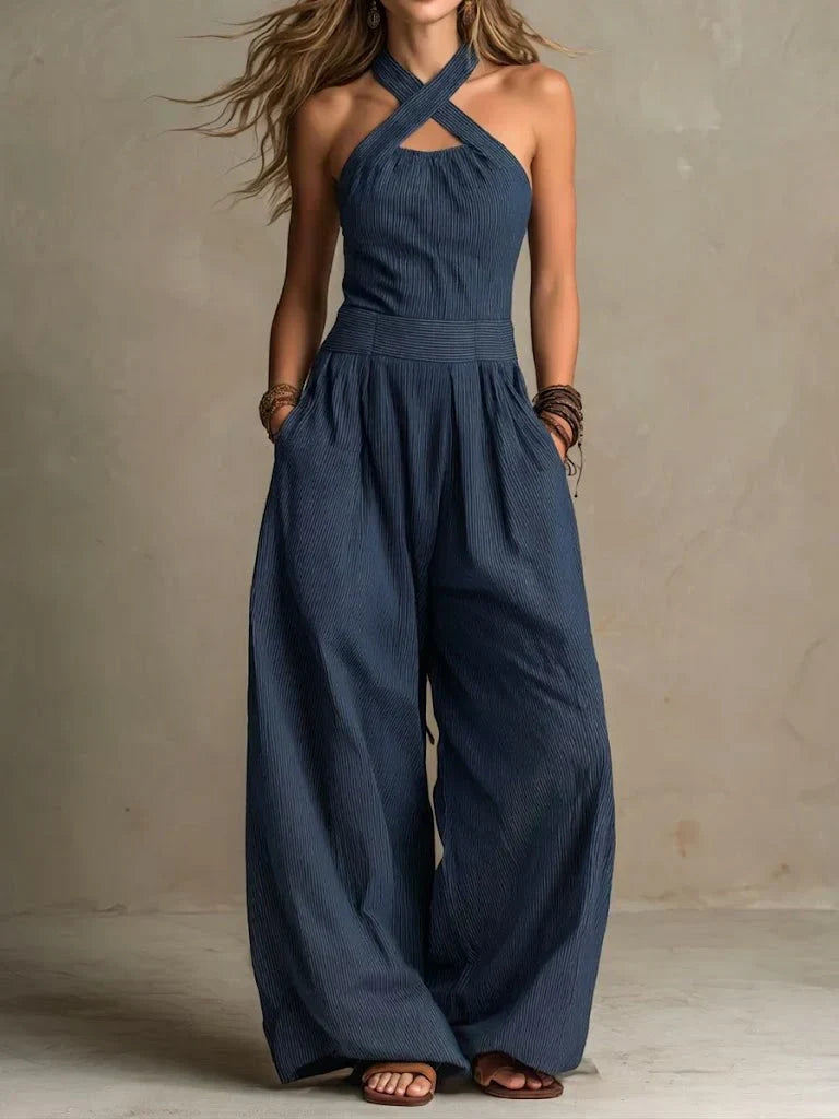 Dames Jumpsuit met Gekruiste Halter en Wijde Pijpen Marine