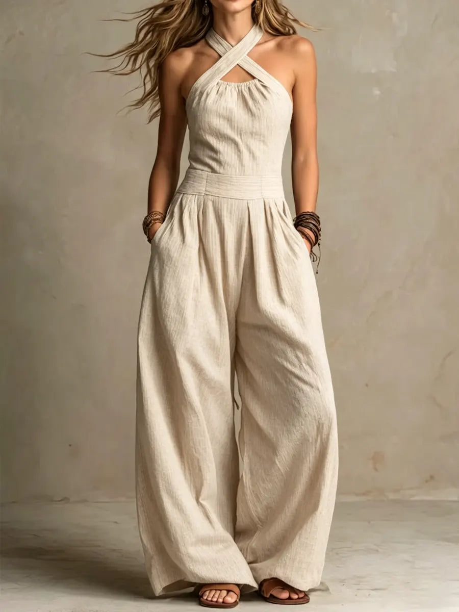 Dames Jumpsuit met Gekruiste Halter en Wijde Pijpen Beige