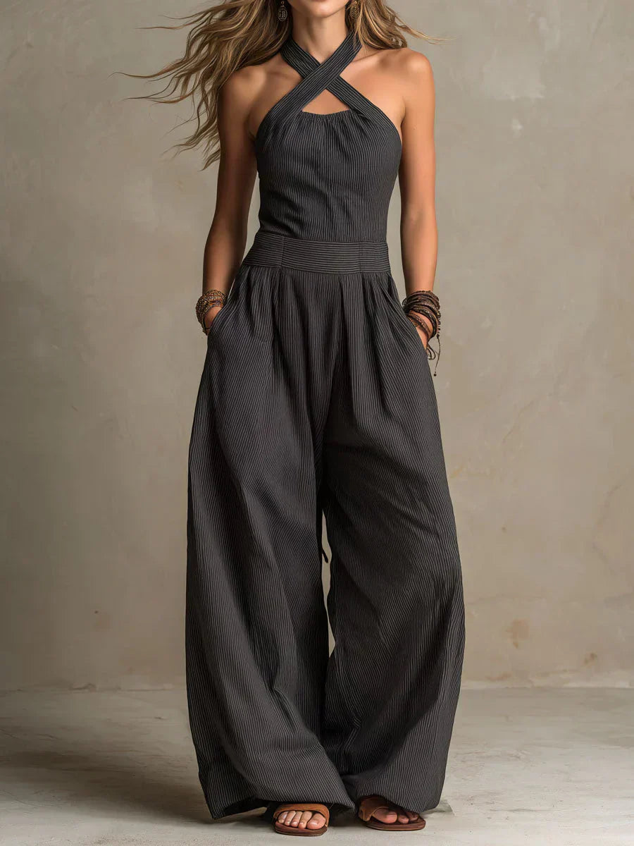 Dames Jumpsuit met Gekruiste Halter en Wijde Pijpen Zwart