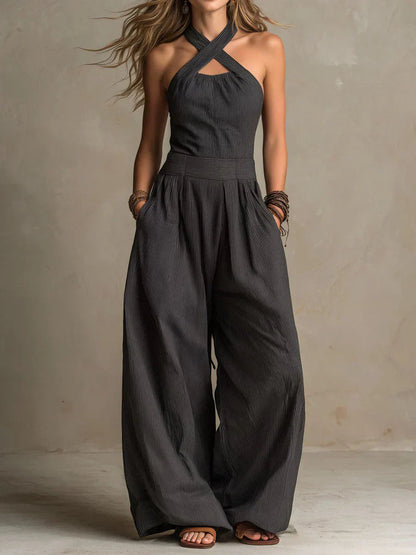 Dames Jumpsuit met Gekruiste Halter en Wijde Pijpen Zwart