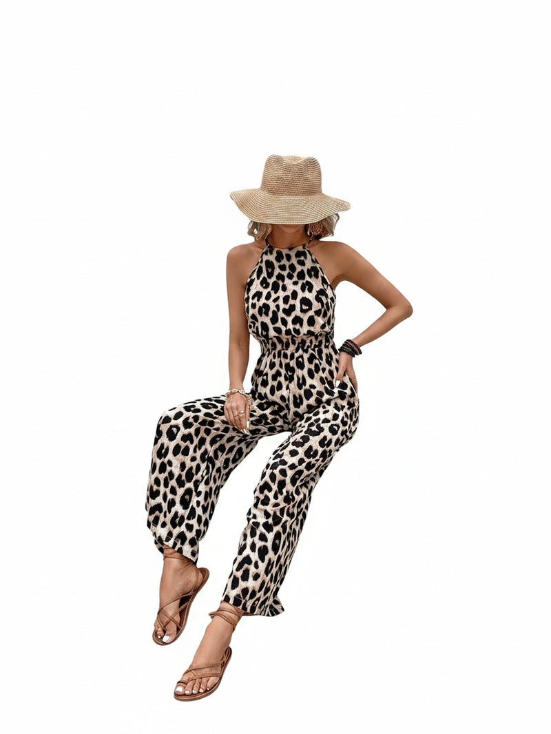Dames Jumpsuit met Halternek en Luipaardprint en Elastische Taille