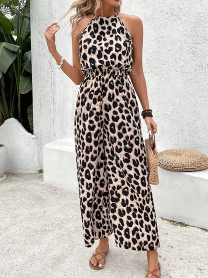 Dames Jumpsuit met Halternek en Luipaardprint en Elastische Taille