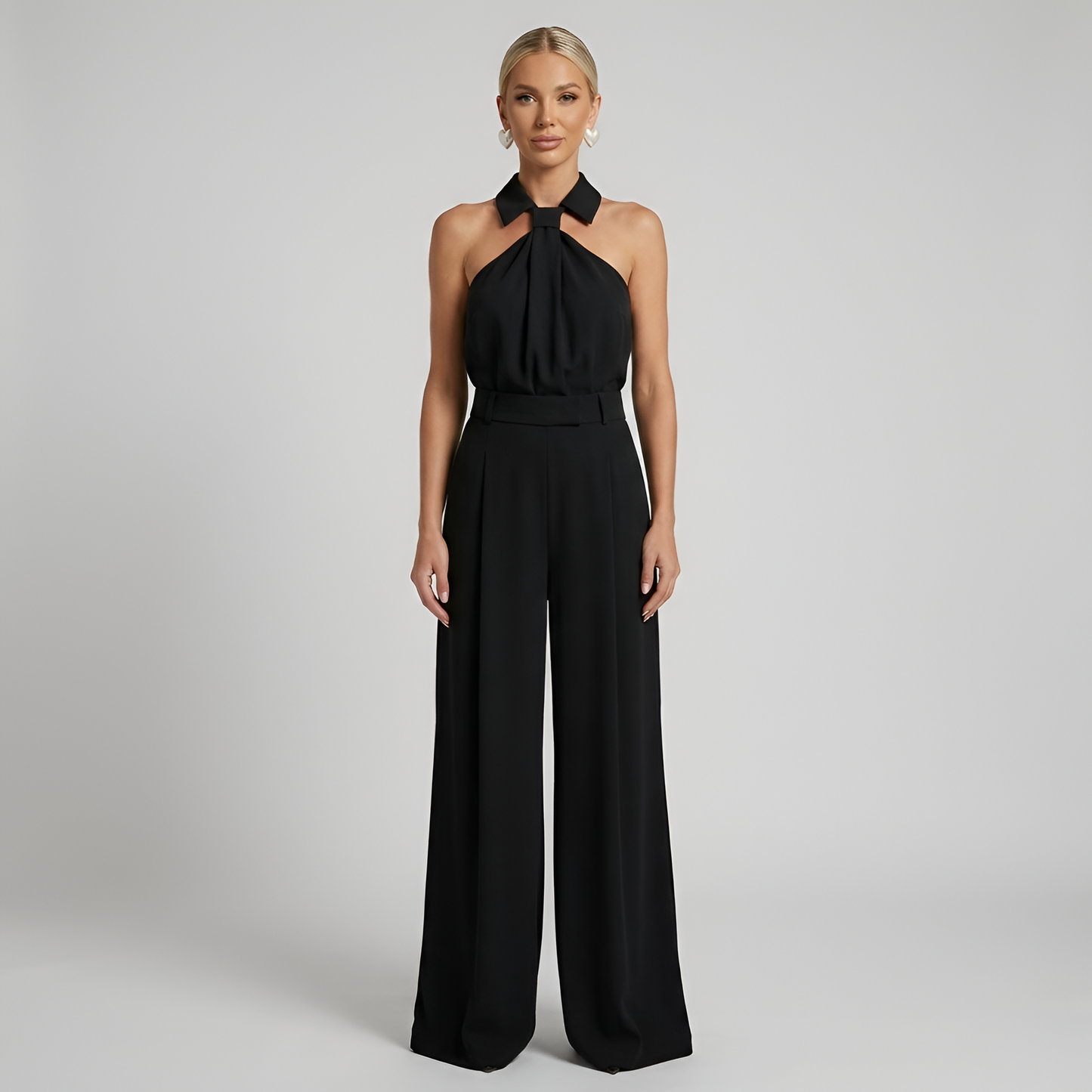 Dames Jumpsuit met Halternek en Wide Leg Broek Zwart
