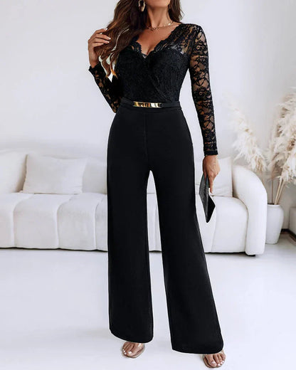 Dames Jumpsuit met Kanten Bovenstuk en Wijde Pijpen
