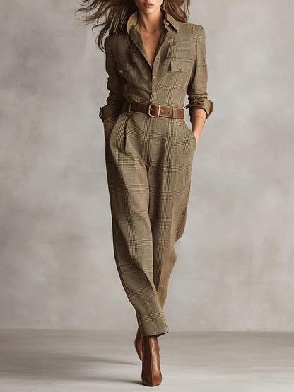 Dames Jumpsuit met Knopen, Kraag en Steekzakken Khaki