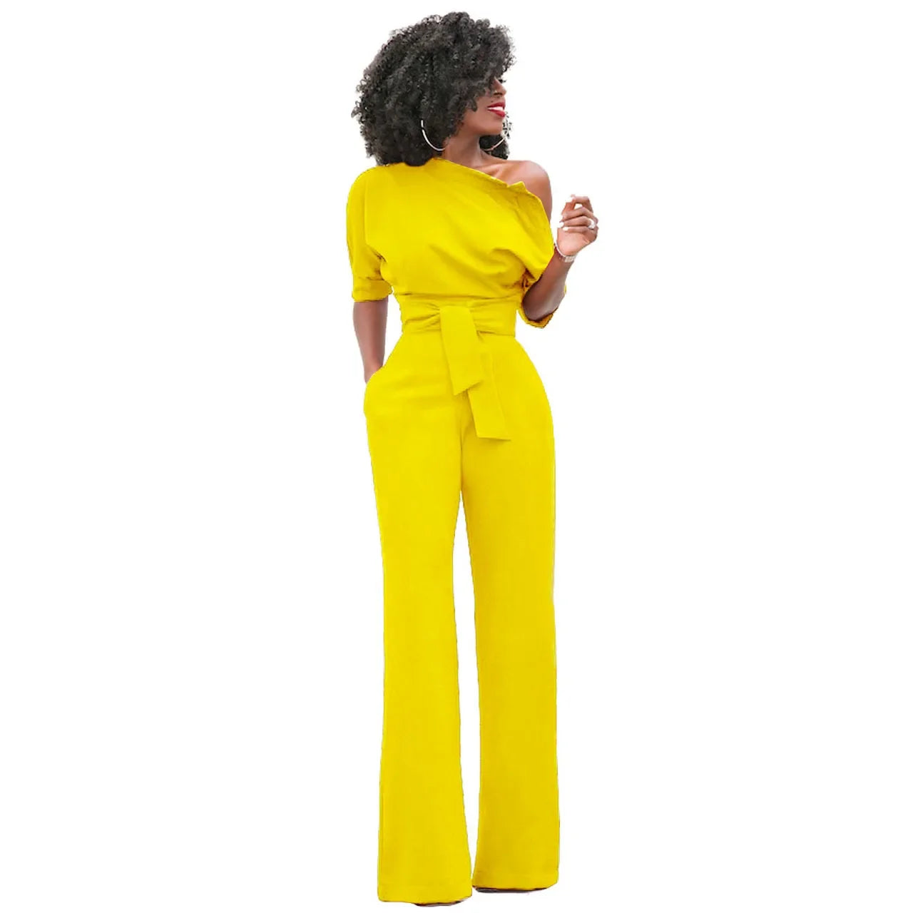 Dames Jumpsuit met Open Schouder en Strikband Geel