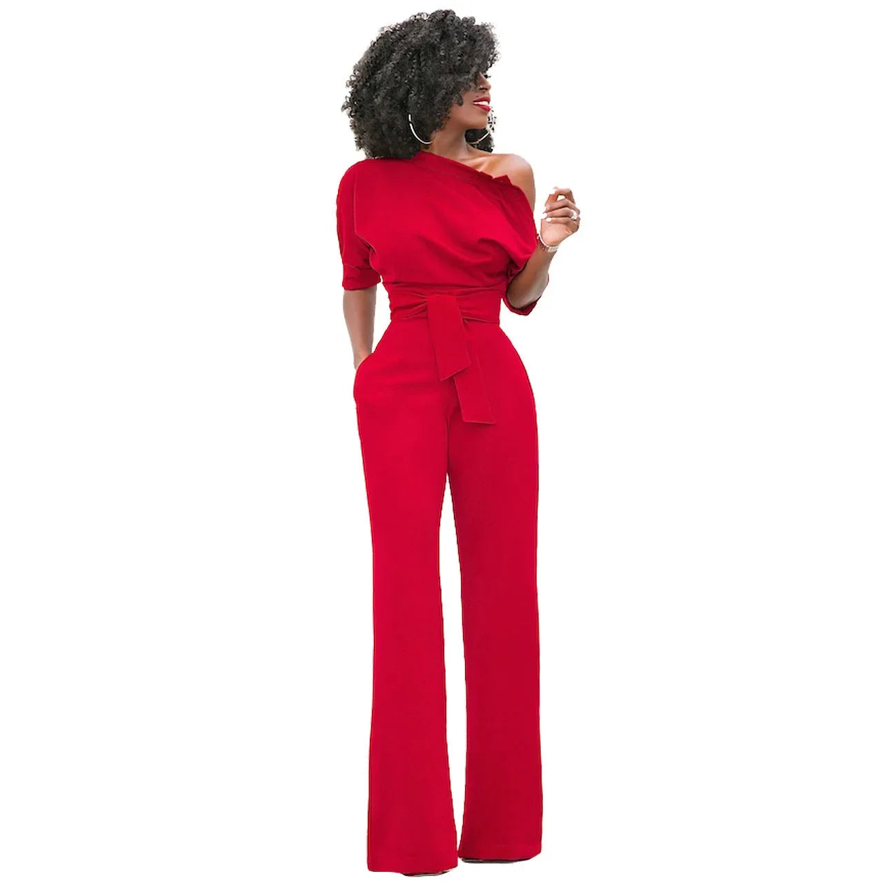 Dames Jumpsuit met Open Schouder en Strikband Rood