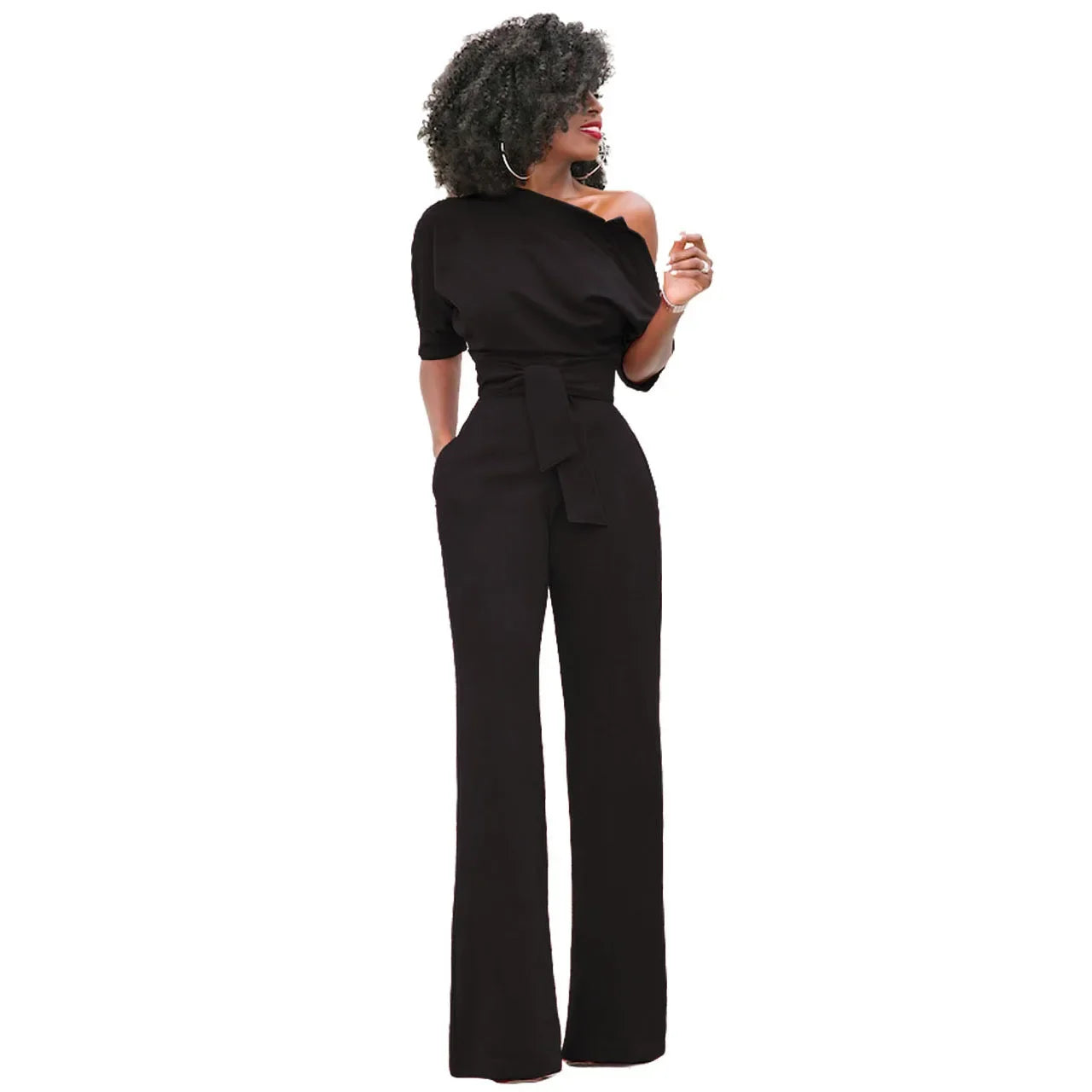 Dames Jumpsuit met Open Schouder en Strikband Zwart