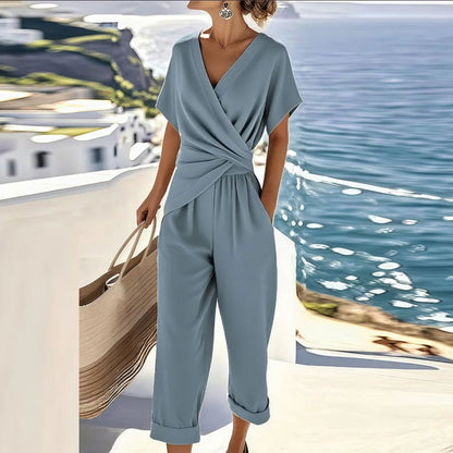 Dames Jumpsuit met Overslag V-hals en Cropped Broekpijpen Blauw