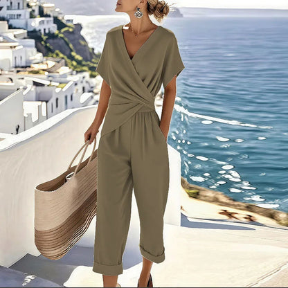 Dames Jumpsuit met Overslag V-hals en Cropped Broekpijpen Khaki