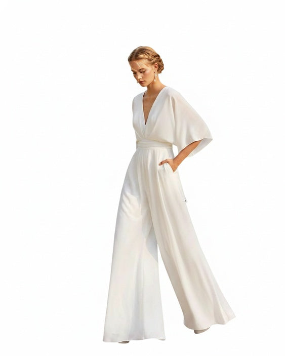 Dames Jumpsuit met V-hals, Vleermouwen en Wijde Pijpen