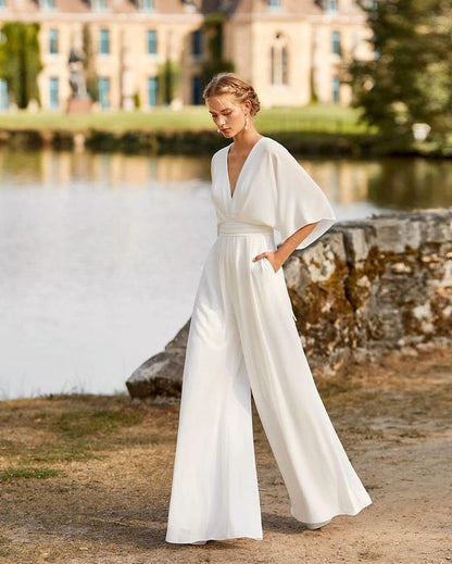 Dames Jumpsuit met V-hals, Vleermouwen en Wijde Pijpen