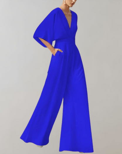 Dames Jumpsuit met V-hals, Vleermouwen en Wijde Pijpen