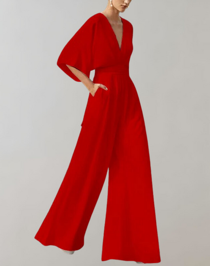Dames Jumpsuit met V-hals, Vleermouwen en Wijde Pijpen