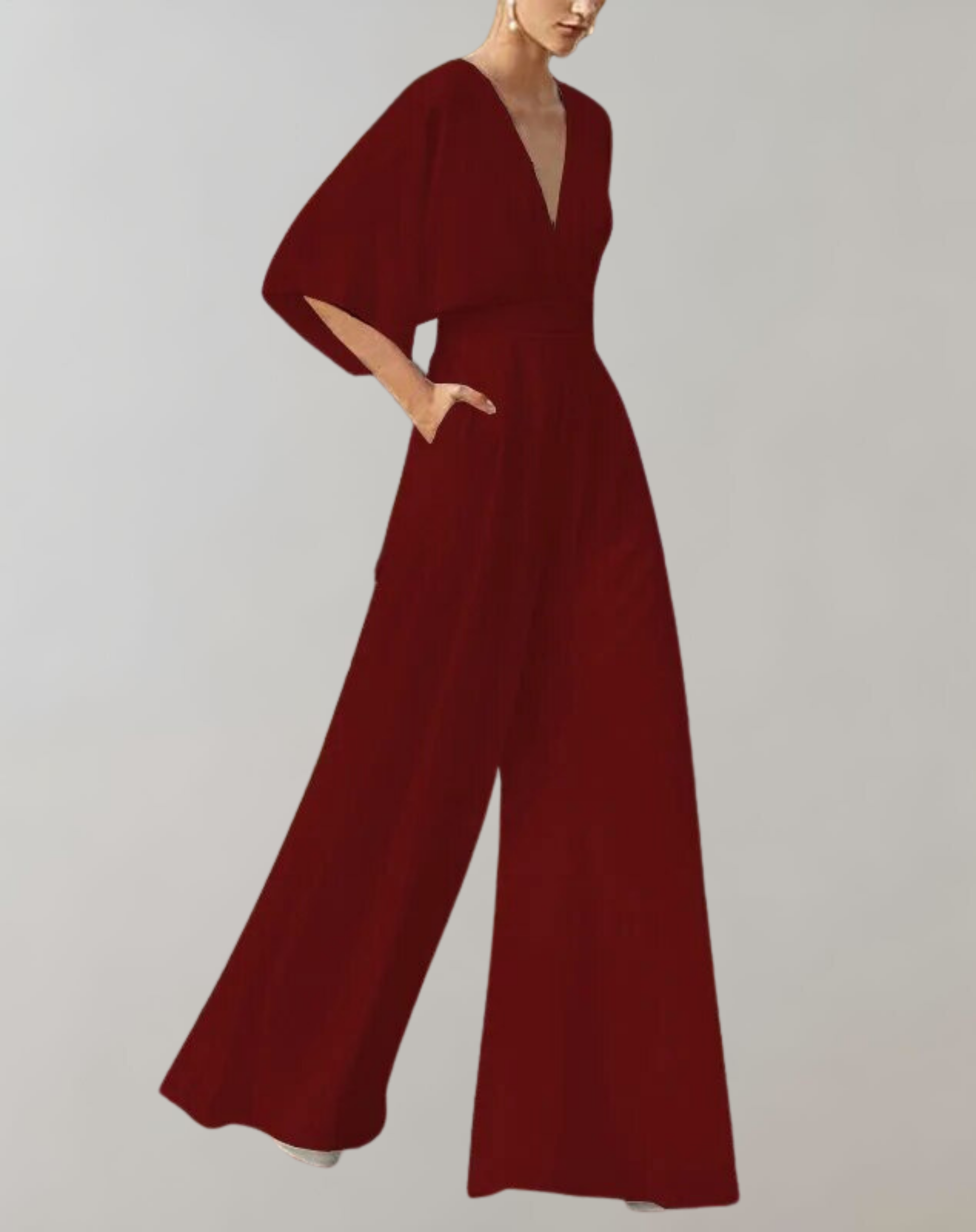 Dames Jumpsuit met V-hals, Vleermouwen en Wijde Pijpen
