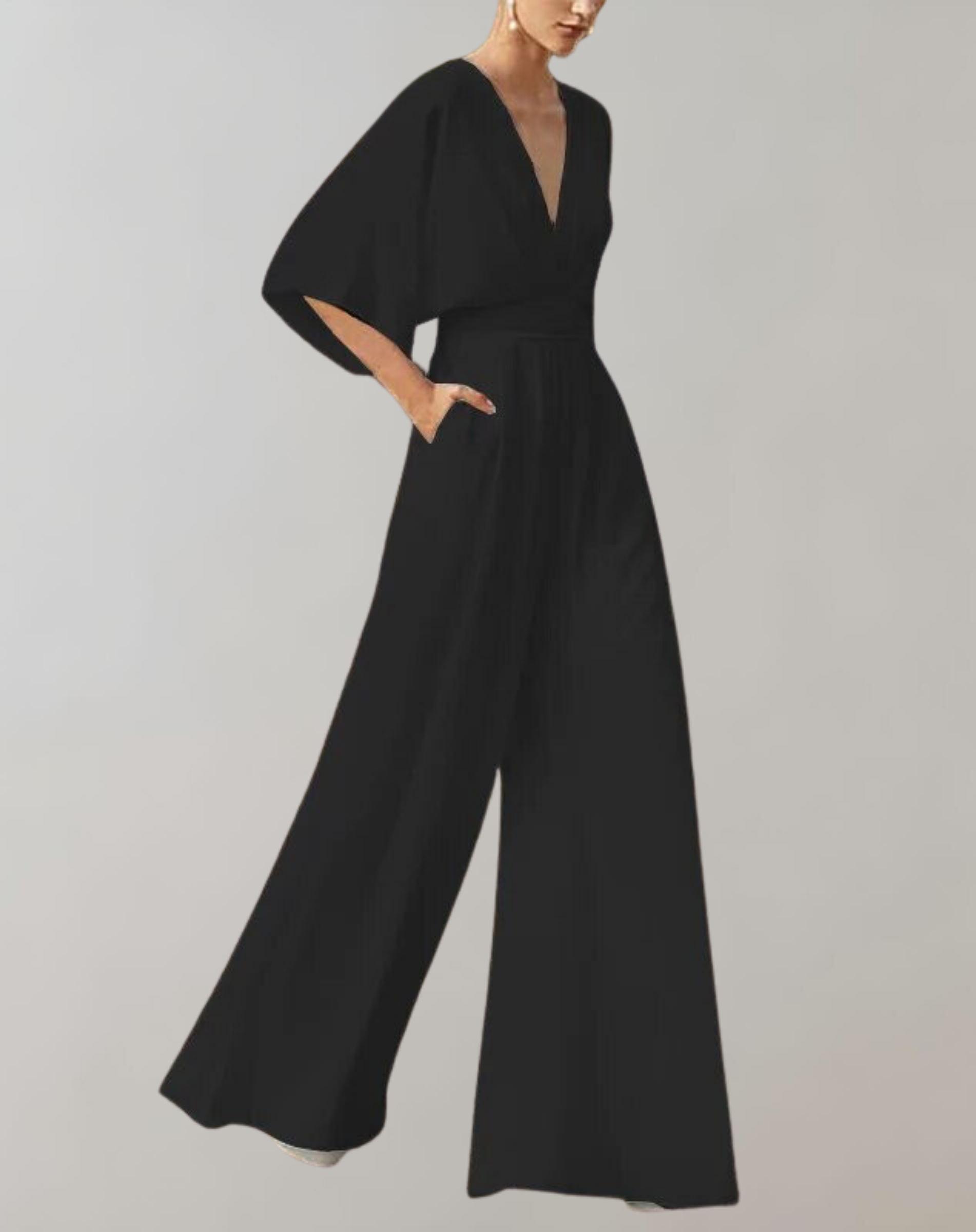 Dames Jumpsuit met V-hals, Vleermouwen en Wijde Pijpen