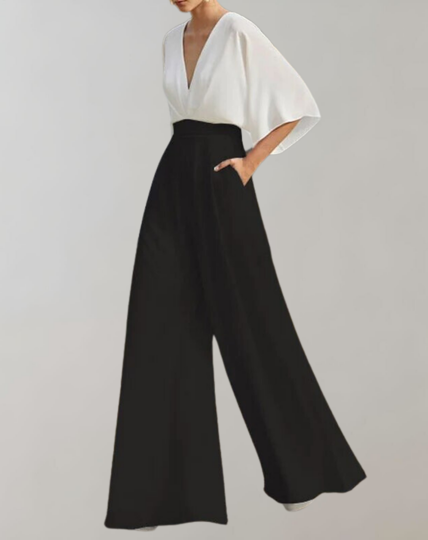 Dames Jumpsuit met V-hals, Vleermouwen en Wijde Pijpen