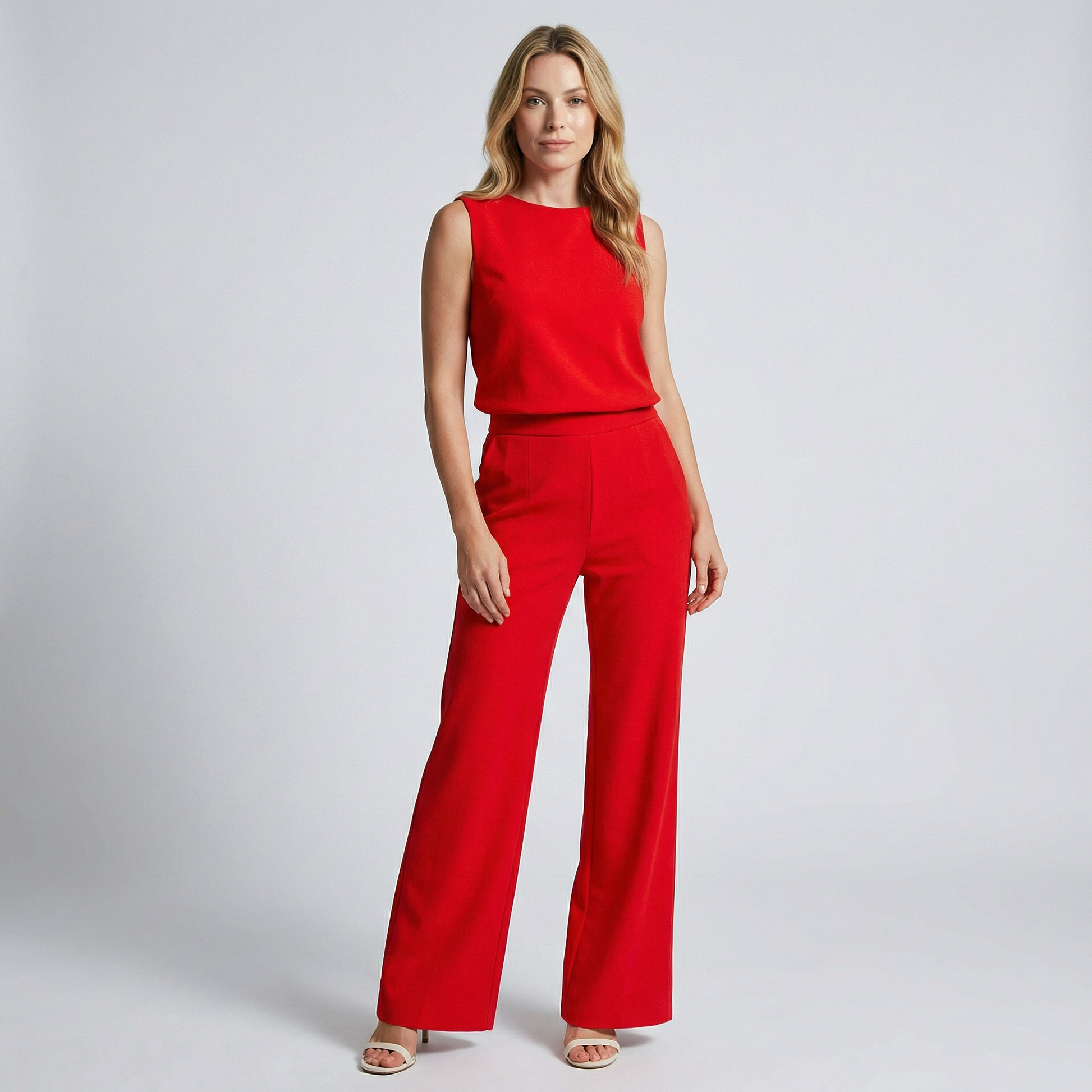 Dames Jumpsuit Mouwloos met Ronde Hals en Wijde Pijpen Rood