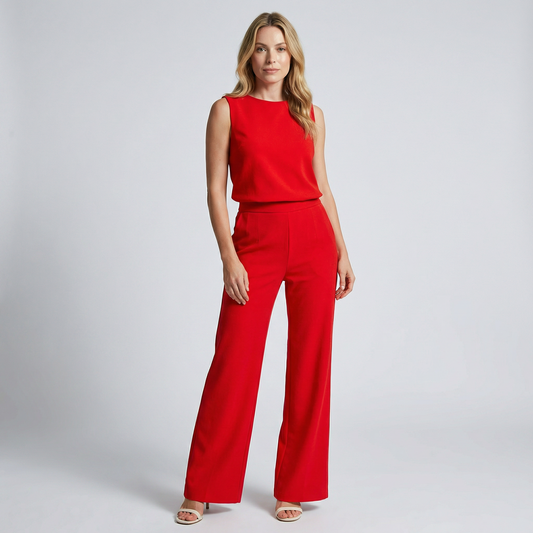 Dames Jumpsuit Mouwloos met Ronde Hals en Wijde Pijpen Rood