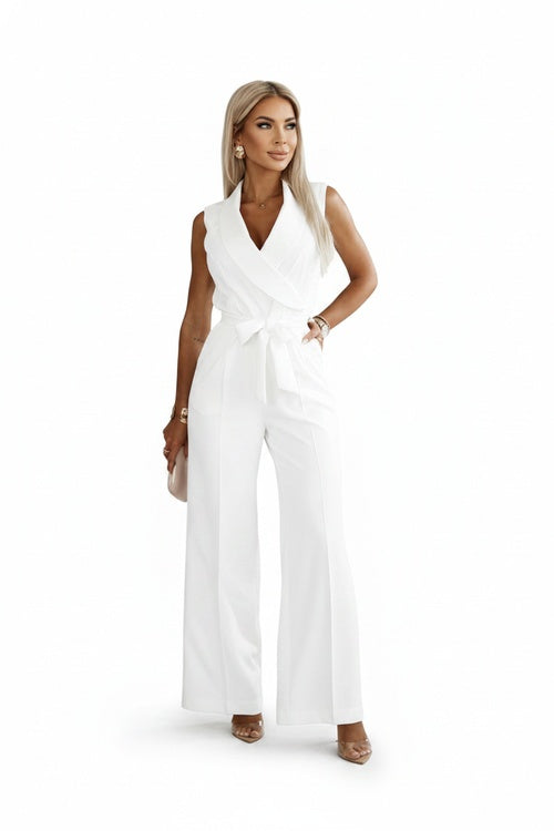 Dames Jumpsuit Mouwloos met V-hals, Revers Kraag en Wijde Pijpen