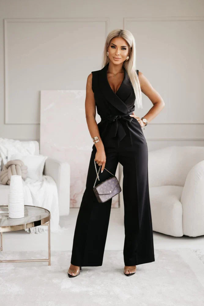 Dames Jumpsuit Mouwloos met V-hals, Revers Kraag en Wijde Pijpen