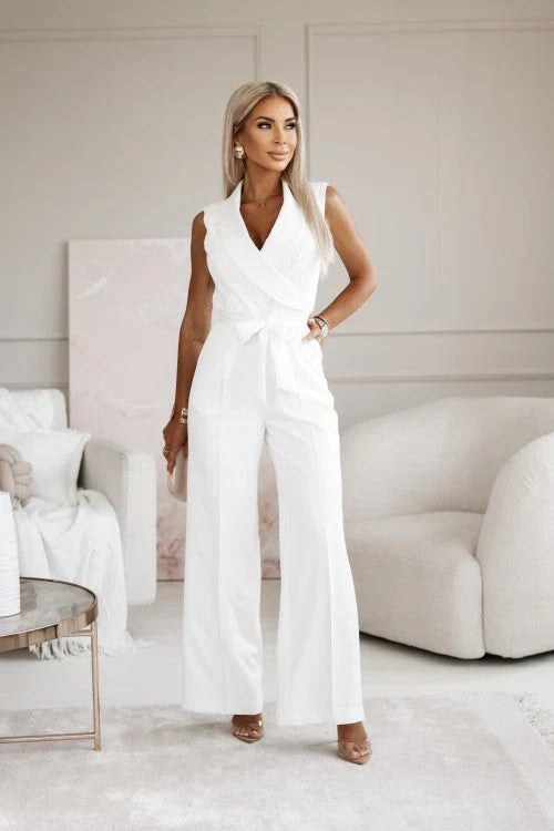 Dames Jumpsuit Mouwloos met V-hals, Revers Kraag en Wijde Pijpen Wit