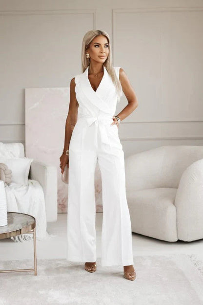 Dames Jumpsuit Mouwloos met V-hals, Revers Kraag en Wijde Pijpen Wit
