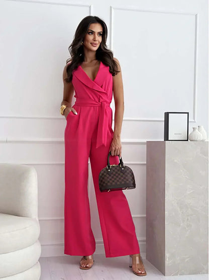Dames Jumpsuit Mouwloos met V-hals, Revers Kraag en Wijde Pijpen