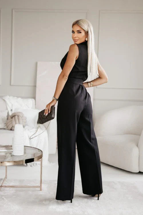 Dames Jumpsuit Mouwloos met V-hals, Revers Kraag en Wijde Pijpen