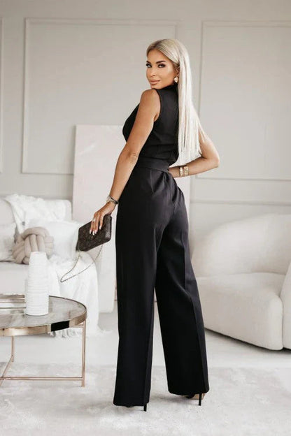 Dames Jumpsuit Mouwloos met V-hals, Revers Kraag en Wijde Pijpen