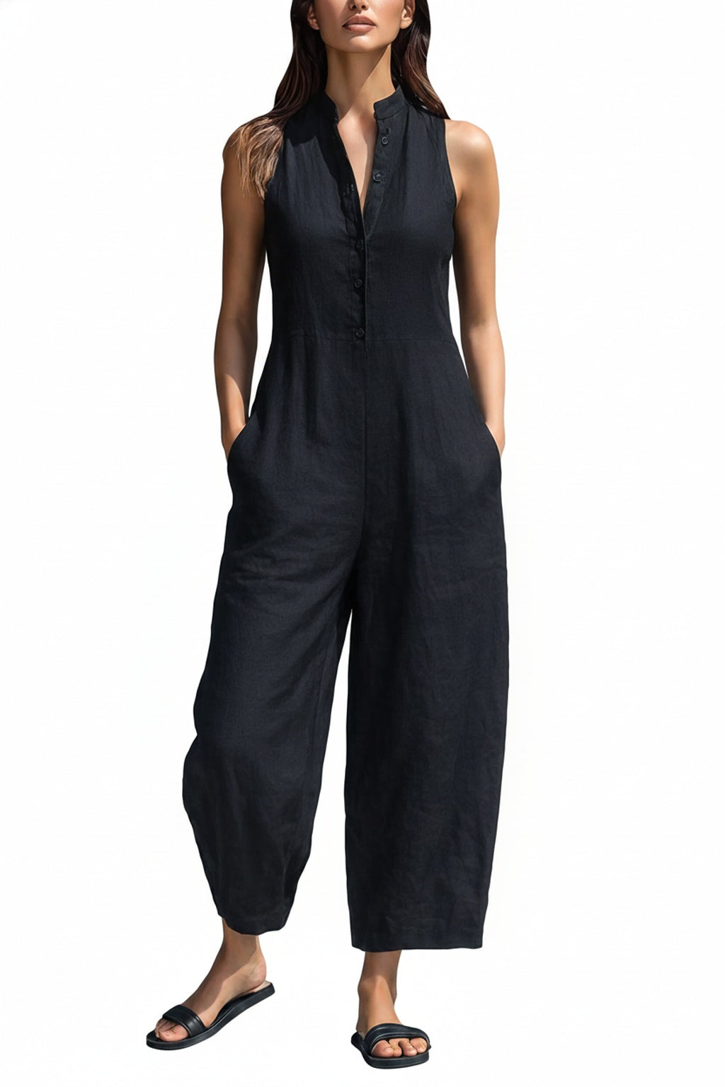 Dames Jumpsuit Mouwloos met Wijde Pijpen en Knoopsluiting