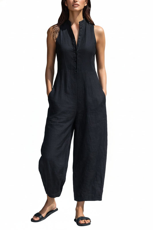 Dames Jumpsuit Mouwloos met Wijde Pijpen en Knoopsluiting