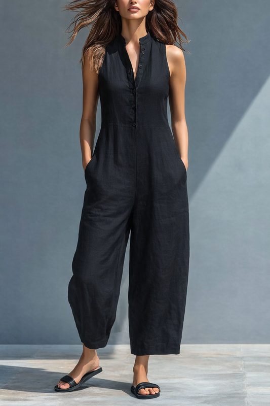 Dames Jumpsuit Mouwloos met Wijde Pijpen en Knoopsluiting Zwart