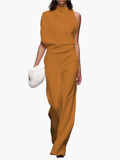 Dames Jumpsuit Mouwloos met Wijde Pijpen en Ronde Hals Geel
